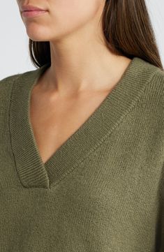 An oversized fit feels so right and relaxed in this V-neck sweater knit from cotton-blend yarn. V-neck Long sleeves Dropped shoulders Ribbed cuffs and hem 56% cotton, 19% acrylic, 18% polyester, 5% nylon, 2% spandex Hand wash, dry flat Imported Winter Relaxed Fit V-neck Sweater, Oversized Casual V-neck Sweater For Loungewear, Oversized V-neck Sweater For Loungewear, Green V-neck Sweater For Fall, Oversized V-neck Sweater For Layering, Oversized Green V-neck Sweater, Green Knit V-neck Sweater, Cozy Fine Knit V-neck Tops, Casual Soft Knit V-neck Top