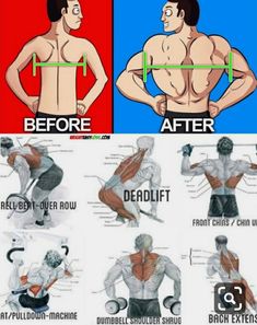 an image of a man doing exercises with his back and shoulder muscles, before and after