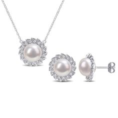 This two-piece pearl halo stud earrings and necklace set from the collection is crafted in sterling silver. This lovely set features three 9.5-10mm cultured freshwater button pearls surrounded by 45 round-cut, pave-set created white sapphires in a unique marquise-framed halo floral design. Enhanced with a high polish finish, the pendant is hung on a cable chain and secures with a spring ring clasp, the stud earrings secure with butterfly backs. Whether worn together or separately, these pieces a Elegant Round Jewelry Sets For Mother's Day, Elegant Jewelry Sets For Mother's Day, Formal Jewelry Sets With Round Pearl Pendant, Formal Round Jewelry Sets With Pearl Pendant, Formal Round Pearl Pendant Jewelry Sets, Formal Jewelry Sets With Pearl Pendant, Anniversary Jewelry Set With Pearl Drop, Pearl White Jewelry For Mother's Day Formal Occasions, Pearl White Jewelry Sets For Anniversary