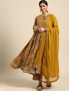 Yellow Cotton Floral Print Angrakha Suit Set with Chiffon Dupatta Diwali Floral Print Sets With Straight Kurta, Festive Straight Kurta Set With Floral Print, Bollywood Style Floral Print Sets For Eid, Festive Floral Print Straight Kurta Set, Festive Floral Print Sets For Festivals, Chanderi Floral Print Straight Kurta Sets, Straight Kurta Anarkali Set With Floral Print For Festivals, Unstitched Floral Print Sets For Festivals, Floral Print Mulmul Sets For Festivals