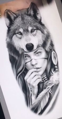 a drawing of a woman with a wolf's head on her face and feathers in her hand