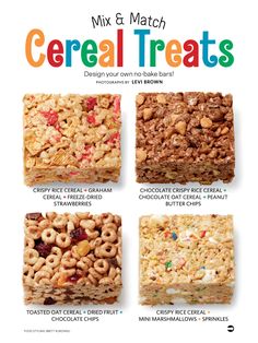 cereal treats are shown in four different flavors