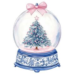 a snow globe with a christmas tree in it and a pink bow on the top