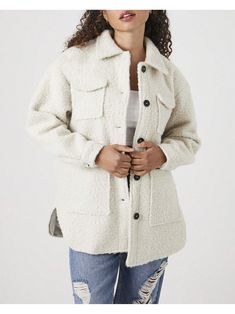 A faux shearling shacket featuring front buttons, long sleeves, front cargo pockets, a basic collar, and dolphin hem.Faux Shearling Button-Up Shacket White Casual  Long Sleeve  Plain Teddy   Women Clothing, size features are:Bust: ,Length: ,Sleeve Length: Cold Weather Button-up Shacket With Pockets, Winter Shacket With Lapel Collar And Flap Pockets, Collared Winter Shacket With Pockets, Winter Collared Shacket With Pockets, Collared Shacket With Pockets For Winter, Cold Weather Collared Shacket With Button Closure, Collared Shacket For Cold Weather With Button Closure, Winter Shacket With Button Closure For Cold Weather, Winter Shacket With Buttoned Pockets