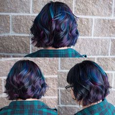 Short Hair Oil Slick, Hair Color Ideas For Brunettes Short Fun, Short Galaxy Hair, Short Oil Slick Hair, Oil Slick Hair Color Short, Teal Bob Hair, Oilslick Haircolor, Galaxy Balayage, Colorful Bob Hair