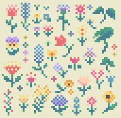 an image of pixelated flowers on a white background in the style of 8 bit video game art