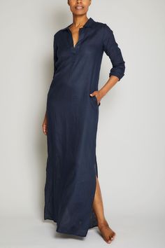 Pour Les Femmes Long Linen Shirt Dress in Navy Our versatile linen brings comfort and breathability with its natural thermal regulating properties. Designed to lounge in year-round.Featuring long sleeves with a button cuff, hidden side pockets, self-belt and pullover access with a placket front. Handcrafted with 100% Washable LinenMade in Los Angeles, California Model 5'8" Wearing: Size Small Designed for a classic fit. Made true to sizeLength is 58 inches.Fitted in shoulders. CARE INSTRUCTIONSM Long Linen Dresses, Long Linen Shirt, Vietnam Clothes, Dress Like A Parisian, Blue Linen Shirt, Navy Shirt Dress, Shirt Dress Outfit, Robin Wright, Navy Blue Linen