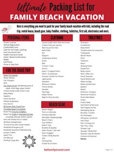 the ultimate packing list for family beach vacation in red and black with text overlay