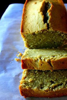 three slices of banana bread stacked on top of each other