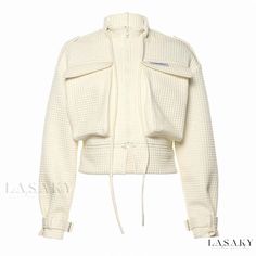 Lasaky - Beige Ribbed High Neck Tie Front Long Sleeve Zip Jacket High Collar Jacket, Winter Fashion Coats, Beige Coat, Pocket Jacket, Streetwear Y2k, Zipper Jacket, Short Coat, Long Sleeves Jacket, Casual Coat