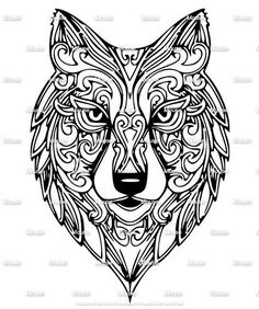 the head of a wolf with decorative patterns on it's face, black and white