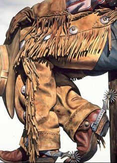 a painting of a cowboy leaning on a pole with his foot up to the ground