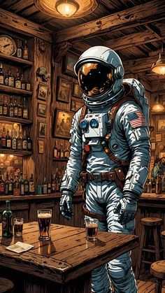 an astronaut standing at a bar with two beers in front of him and looking down