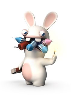 a white rabbit holding a red object in it's hand