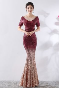 V-neck Mermaid Dress With Sequins For Wedding, V-neck Mermaid Dress For Banquet And Party Season, Party Mermaid Dress With Sweep Train And V-neck, Sequin Mermaid Dress For Banquet, Sparkling V-neck Evening Dress For Party Season, V-neck Mermaid Prom Dress With Sweep Train, Elegant Mermaid Dress With Contrast Sequin For Prom, V-neck Mermaid Dress With Sweep Train For Prom, Formal Sequin Mermaid Hem Dress For Prom