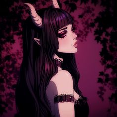 a woman with long black hair and horns on her head