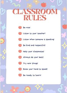 a classroom rules poster with an apple and hearts on the bottom, surrounded by other school supplies