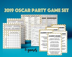 the oscar party game set is shown with five games and four sheets for each player