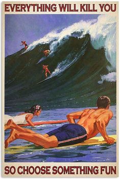 a man laying on top of a surfboard in the ocean next to a woman