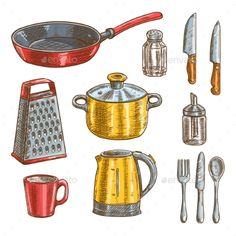 various kitchen utensils and pots on a white background - miscellaneous objects / characters