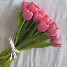 a bouquet of pink tulips on a white sheet