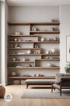 a living room filled with lots of wooden shelves