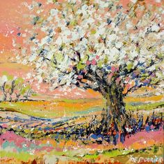 an abstract painting of a tree in the middle of a field with pink, yellow and green colors