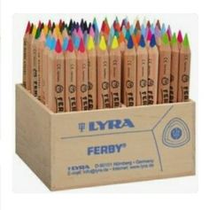 a cardboard box filled with colored pencils