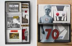 an altered book with pictures and magnets on it