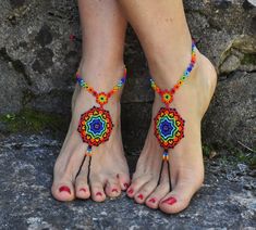 This listing is for a PAIR of beautiful and UNIQUE barefoot sandals handmade in the HUICHOL style. Made of high quality Japanese myuki seed beads and extra strong nylon thread. They make a beautiful combination with the leather sandals (pictures 4,7 and 10) also available in my shop. These sandals are very resistant and suitable for many environments. They will embellish your feet and you can wear it with sandals in a variety of styles from work to casual to evening attire. Beautiful to wear on Bohemian Toe Ring Sandals With Beads, Multicolor Beaded Anklets For Festivals, Summer Festival Colorful Beaded Anklets, Adjustable Multicolor Barefoot Sandals For Festivals, Traditional Beaded Toe Ring Barefoot Sandals, Handmade Multicolor Sandals For Festival, Handmade Multicolor Bohemian Barefoot Sandals, Multicolor Bohemian Barefoot Sandals Open Toe, Multicolor Beaded Sandals For Festival