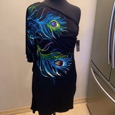 Peacock Feather One Shoulder Dress Nwt Black Feather Dresses For Spring, Black Feathered Dresses For Spring, Peacock Feather, Beauty Hair, Makeup Inspo, Black Blue, One Shoulder Dress, Blue Black, Shoulder Dress