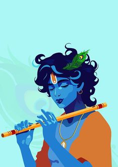 a woman with blue hair holding a flute