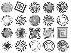 an abstract set of black and white spirals, circles, squares or hexagons