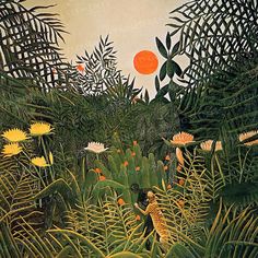 an image of a jungle scene with flowers and plants in the foreground, orange sun in the background