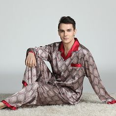 Season:Summer,Spring; Fabric:Polyester; Sleeve Length:Long Sleeve,Long Pant; Gender:Men's; Quantity:2 Pieces; Nightwear Style:Sleepwear,Pajama Top and Pant,Silk Pajama; Style:Luxury; Elasticity:Inelastic; Occasion:Bed,Home,Beach; Function:Comfort; Pattern:Geometic; Bottom Type:Pant; Hips:null; Length [Bottom]:null; Length [Top]:null; Waist:null; Bust:null; Sleeve Length:null Silk Pajama Sets, Mens Silk Pajamas, Pajamas Men, Men Sleepwear, Designer Pajamas, Satin Nightwear, Pyjama Satin, Silk Pajama, Silk Nightgown