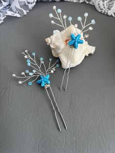 Turquoise Starfish hair pins with light blue seed beads and rhinestones hair pin. Measures approximately 3 inches long and 1.5 wide. Set of 2 Rhinestone Hair Pin, Pin Hair, Hair Pin, Something Blue, Wedding Hair Accessories, Hair Accessory, Starfish, Wedding Accessories, Hair Pins