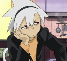 an anime character sitting at a table with his hand on his face and looking to the side