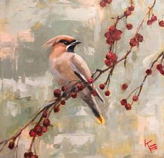 a painting of a bird on a branch with berries