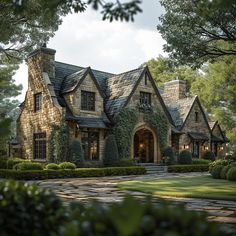 a large stone house with ivy growing on the front and side of it's roof