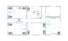 the floor plan for an office with three different areas and two connected to each other