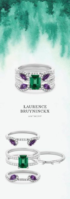 three different rings with green and purple stones on the front, one in white gold