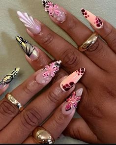 @culturglam 3D flower | 3D water droplets | 3D shell art | butterfly nail inspo | summer/ spring | rings #gelnails #naildesign #butterfly #pink #nailsofinstagram @miranaildit on insta 3d Nails Acrylic Art Designs, Butterfly 3d Nail Art, Butterfly 3d Nails, 3d Butterfly Nails, Nail Inspo 3d, Pink Butterfly Nails, Map Nails, Nessa Nails, Nail Inspo Summer