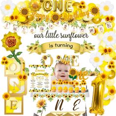 a baby is surrounded by sunflowers and balloons