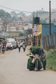 a person pushing a bicycle with a bunch of bananas on it down a street next to buildings