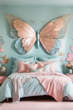 Butterfly wall art majestically transforms this bedroom into a whimsical retreat. The metal butterfly wall art, with its resplendent coppery-pink wings and intricate design, commands attention as it appears to take flight above the bed. The harmonious blend of teal and blush pink in the room, coupled with matching butterfly and floral decorations, create a dreamy and inviting atmosphere. Toddler Butterfly Room, Girls Bedroom Themes, Butterfly Room Decor, Teal Rooms, Butterfly Bedroom, Metal Butterfly Wall Art, Pastel Bedroom, Butterfly Room, Teal Bedroom