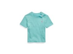 Polo Ralph Lauren Kids Cotton Jersey Crew Neck Tee (Infant) - Boy's Clothing : French Turquoise : ; Crafted from soft cotton, the Polo Ralph Lauren Kids Cotton Jersey Crew Neck Tee features a classic rounded neckline, short sleeves, iconic Polo stitch logo design on corner chest front, and a straight hemline. 100% cotton. Machine wash, tumble dry. Imported. Measurements: Length: 11 in Product measurements were taken using size 3 Months. Please note that measurements may vary by size. Solid Cotton Tops With Logo Print, Solid Cotton Top With Logo Print, Stitch Logo Design, Fitted Ralph Lauren Cotton T-shirt, Casual Ralph Lauren Short Sleeve T-shirt, Ralph Lauren Fitted Cotton T-shirt, Baby Polo, Stitch Logo, Sporty Ralph Lauren Crew Neck T-shirt