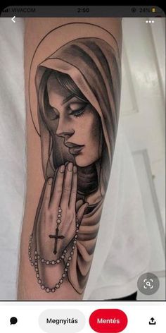 a woman with a rosary on her arm is shown in black and grey ink, while she