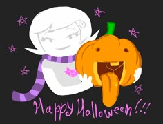 a cartoon character holding a pumpkin with the words happy halloween on it's face