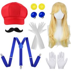 wigs, gloves, and accessories are arranged on a white background