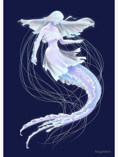 an illustration of a white jellyfish with long, wavy hair and wings floating in the air